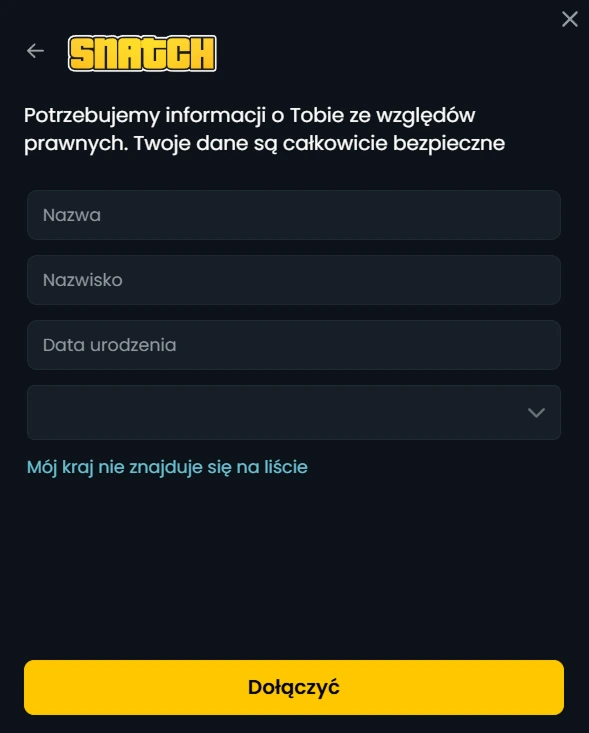 Formularz logowania Snatch Casino z polem e-mail i hasłem